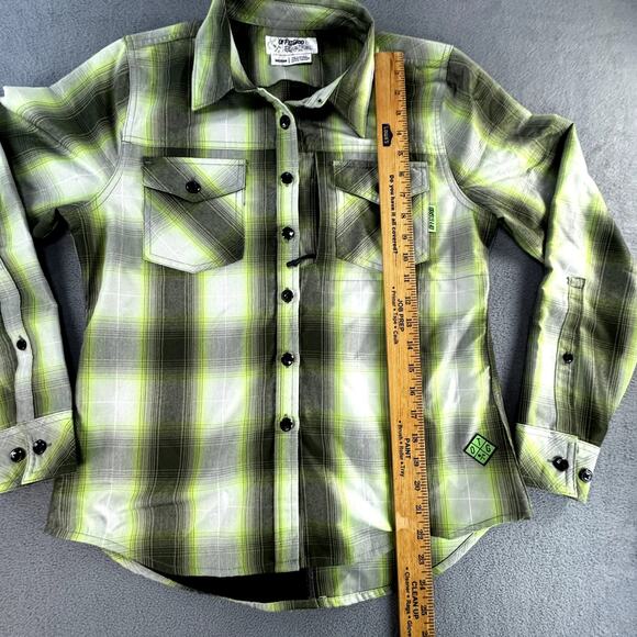 OFF the Grid Women's Bailey Technical Flannel Shirt Medium Lime Green Gray Plaid - Picture 11 of 13